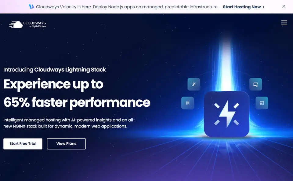 Cloudways homepage introducing the Cloudways Lightning Stack with Start Free Trial and View Plans buttons