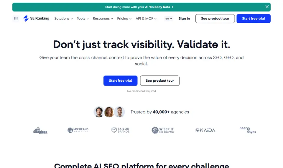 SE Ranking homepage with the headline "Don't just track visibility. Validate it." and Start free trial button